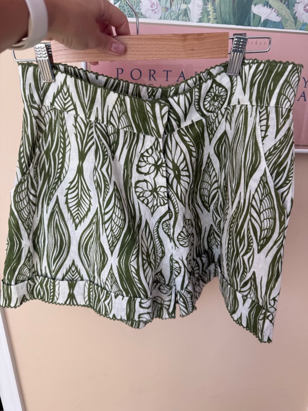OLIVIA JAMES THE LABEL linen high waist trouser shorts green linen pattern  M